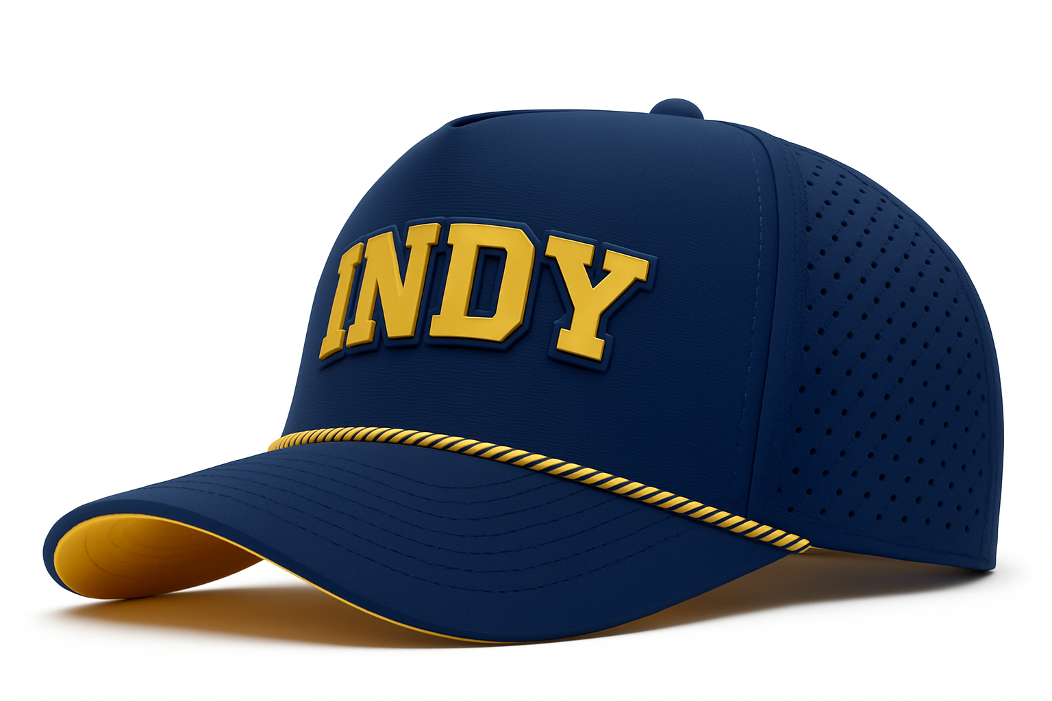 Blue baseball cap with 'INDY' in yellow on a white background