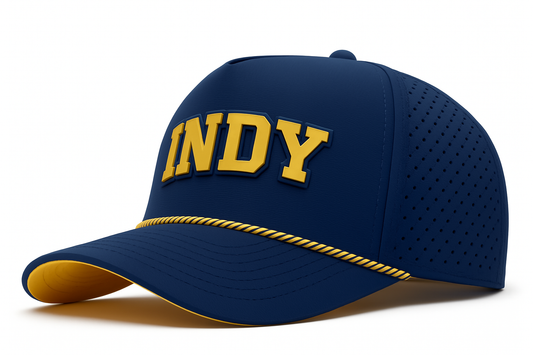 Blue baseball cap with 'INDY' in yellow on a white background