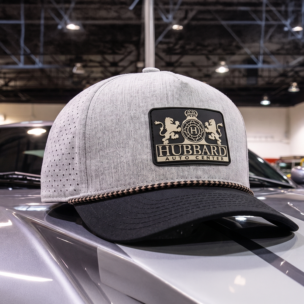 Custom heathered gray Essential Rope hat with Hubbard Auto Center PVC rubber patch