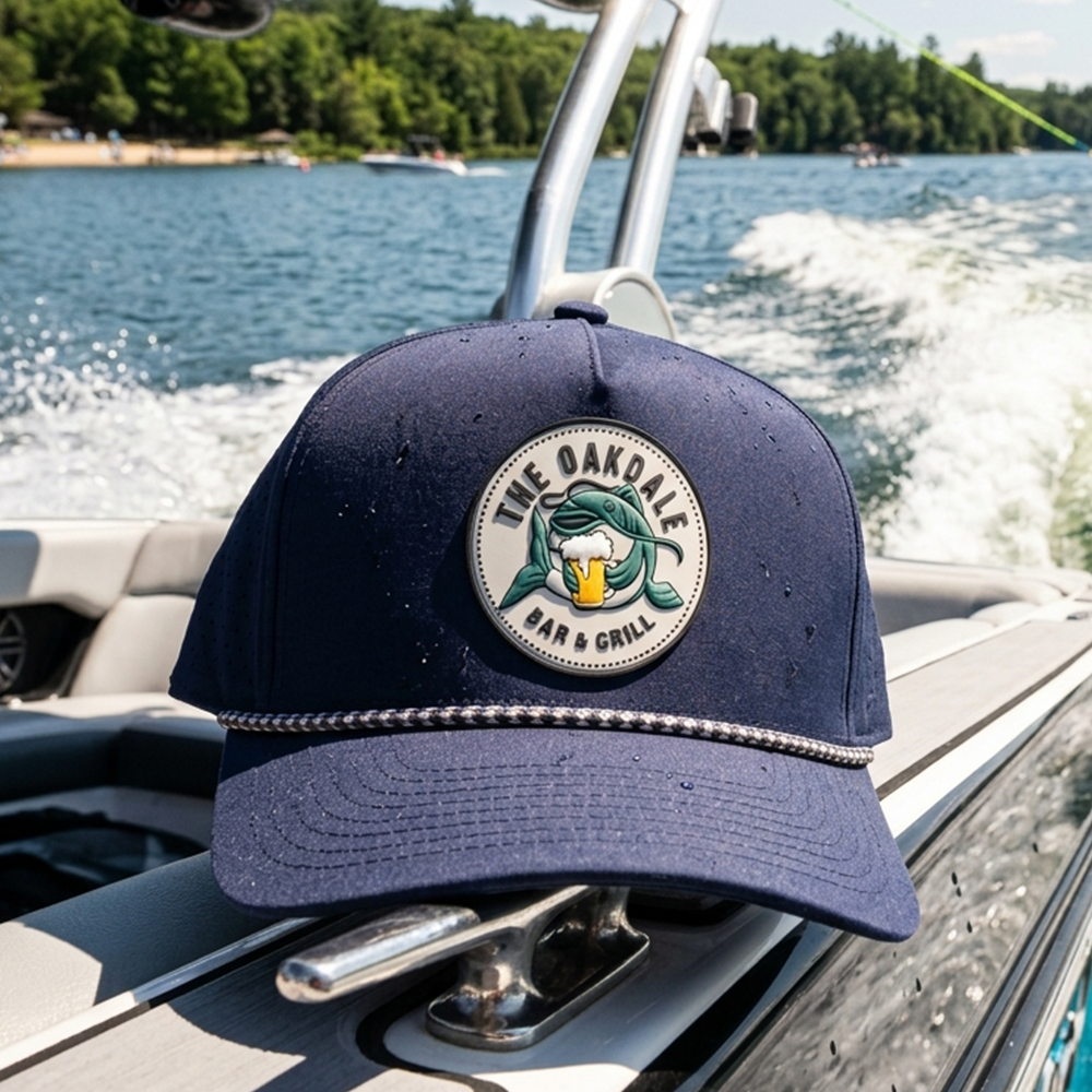 Custom navy Essential Rope hat with The Oakdale Bar and Grill PVC rubber patch