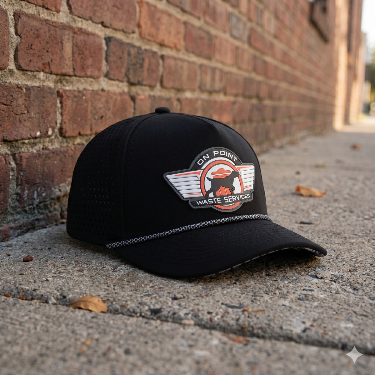 Custom black DYLF rope hat with On Point Waste Services PVC patch